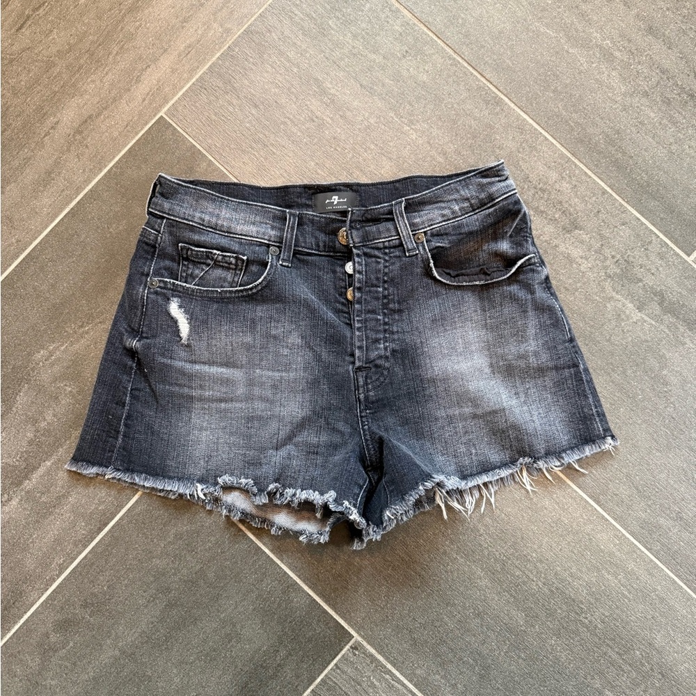 7 For All Mankind Washed Black Monroe Cutoff Denim Shorts w Frayed Hem size 27